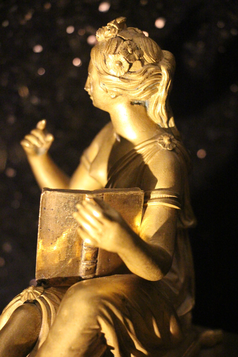 Allégorie de la poésie, pendule en bronze doré d'époque Empire, 1805, XIXe siècle.-photo-7