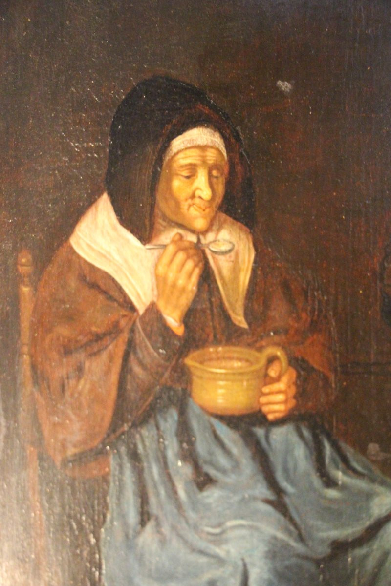 L'heure du souper, huile sur bois, école hollandaise vers 1800.-photo-1