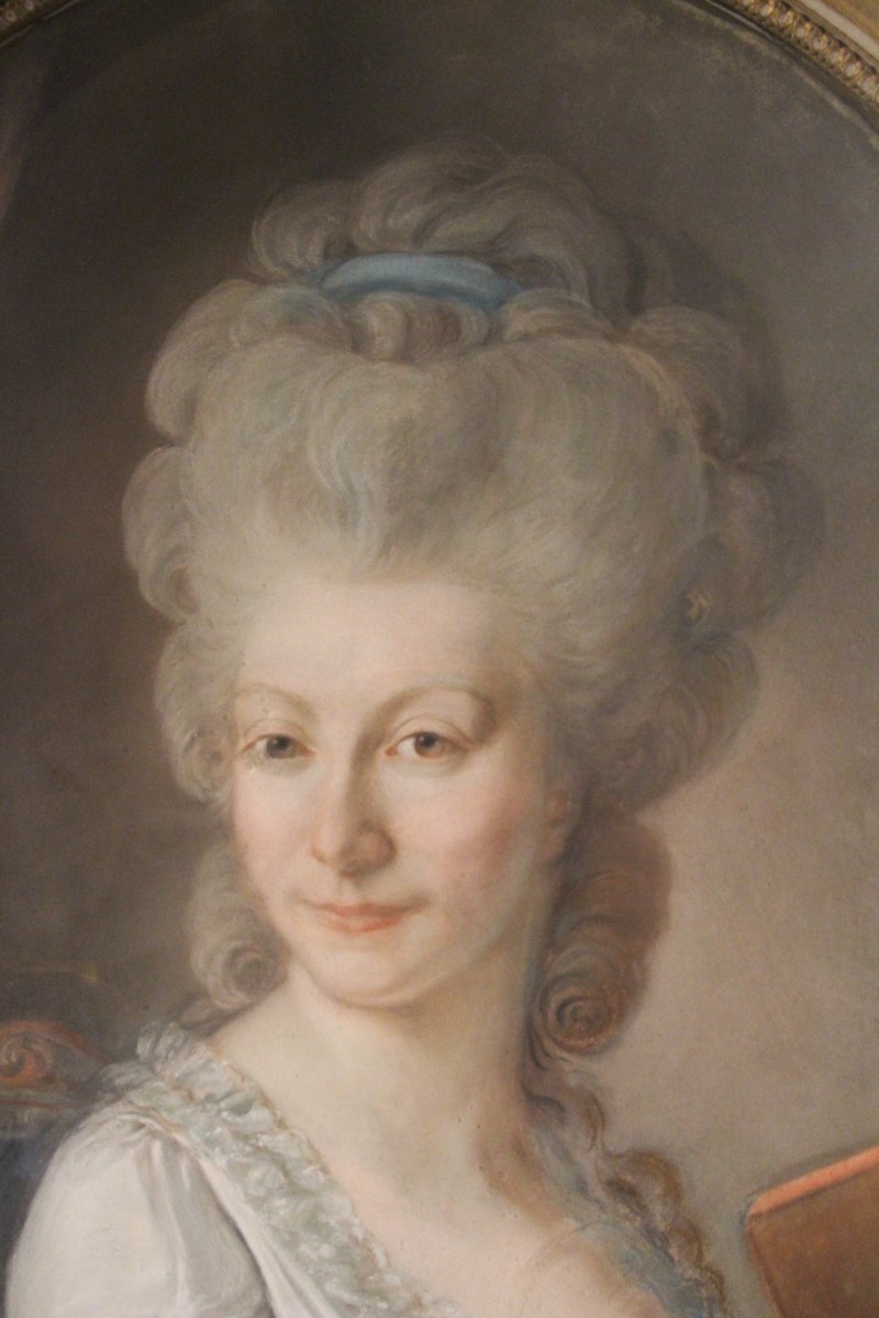 Dame de qualité au livre, pastel d'époque Louis XVI, XVIIIe siècle.-photo-4