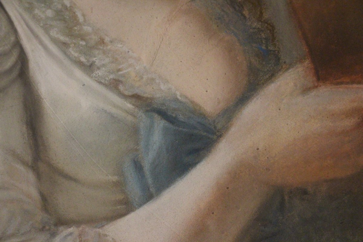 Dame de qualité au livre, pastel d'époque Louis XVI, XVIIIe siècle.-photo-1