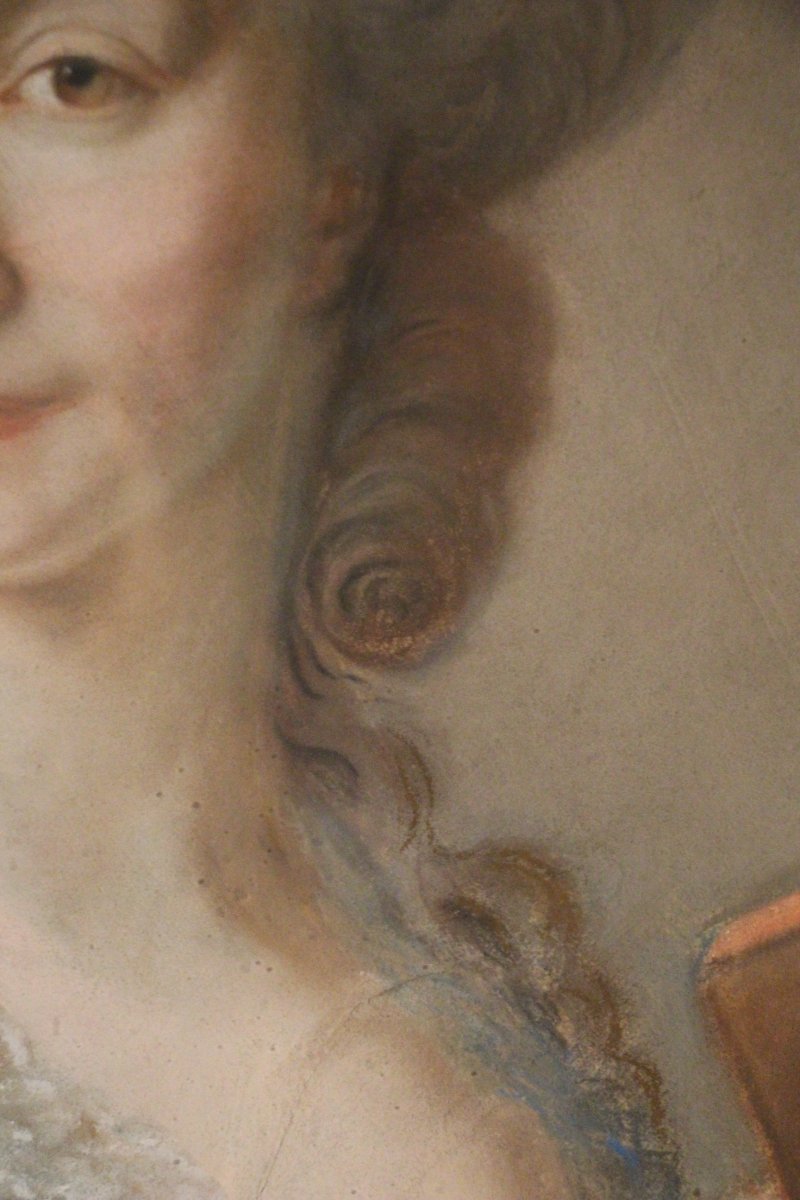 Dame de qualité au livre, pastel d'époque Louis XVI, XVIIIe siècle.-photo-3