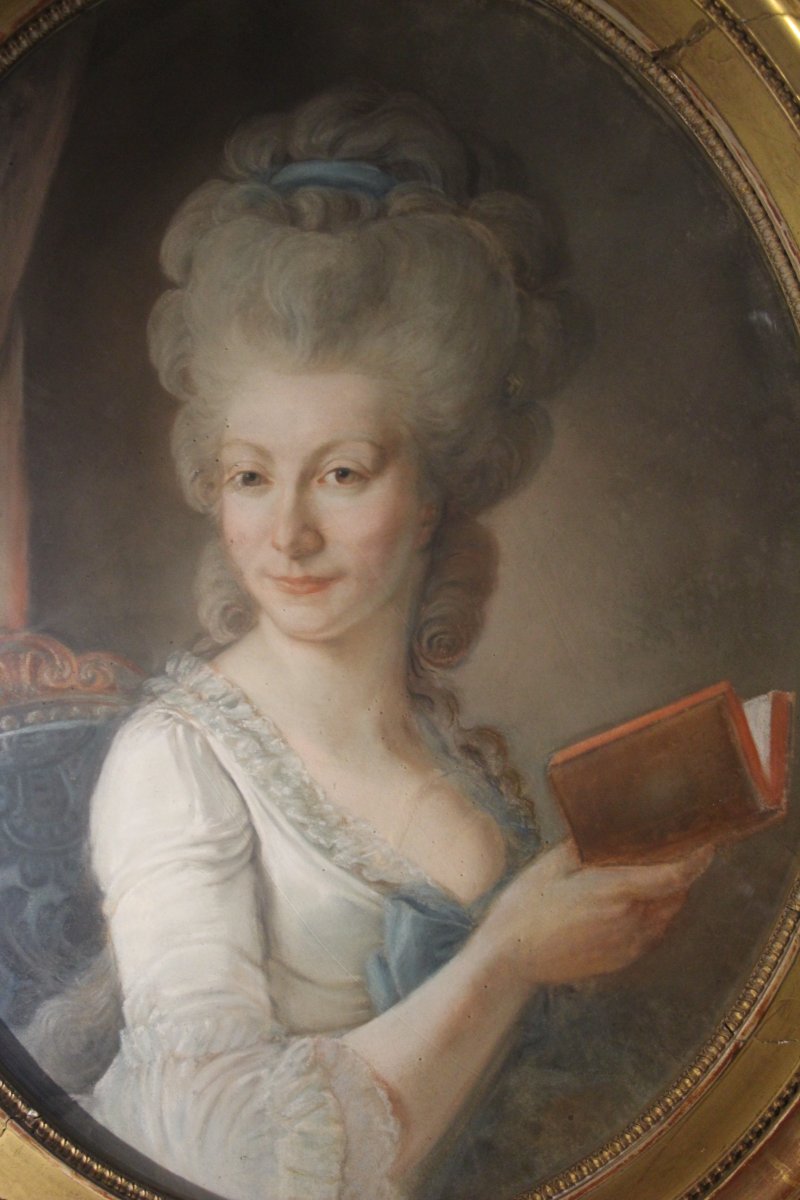 Dame de qualité au livre, pastel d'époque Louis XVI, XVIIIe siècle.-photo-6