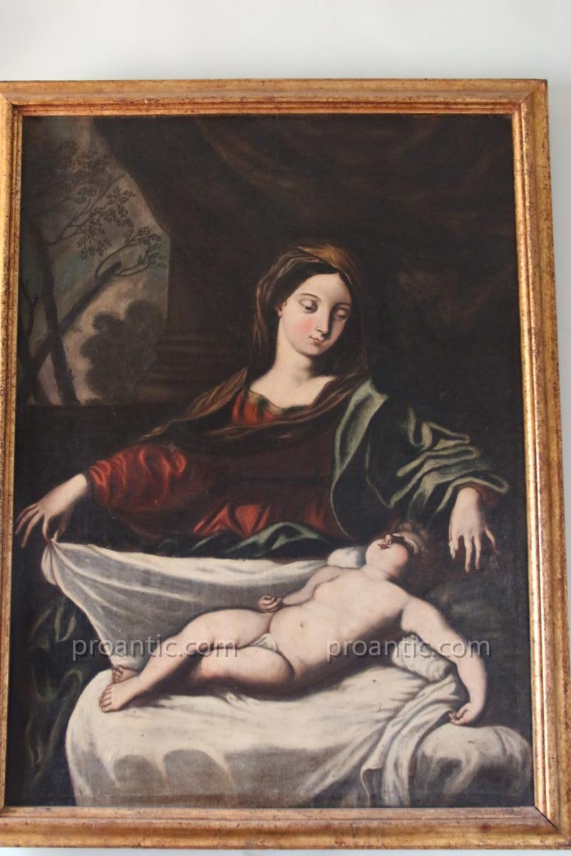 Huile Sur Toile " Vierge à l'Enfant "école Italienne , XVIIe Siècle.