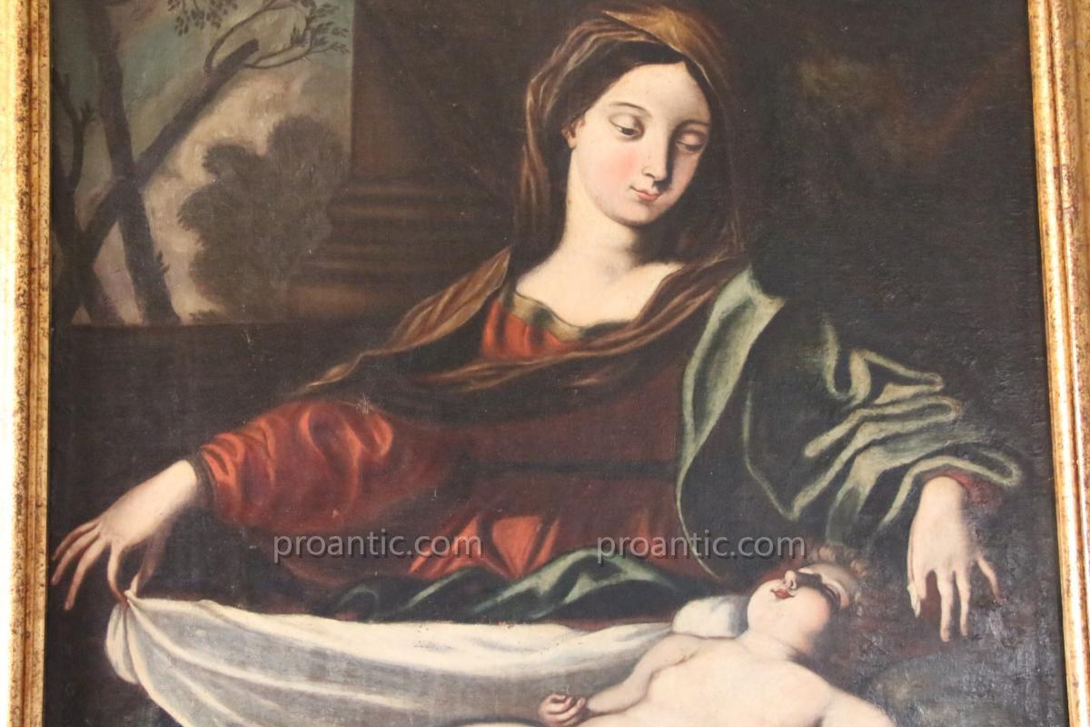 Huile Sur Toile " Vierge à l'Enfant "école Italienne , XVIIe Siècle.-photo-3
