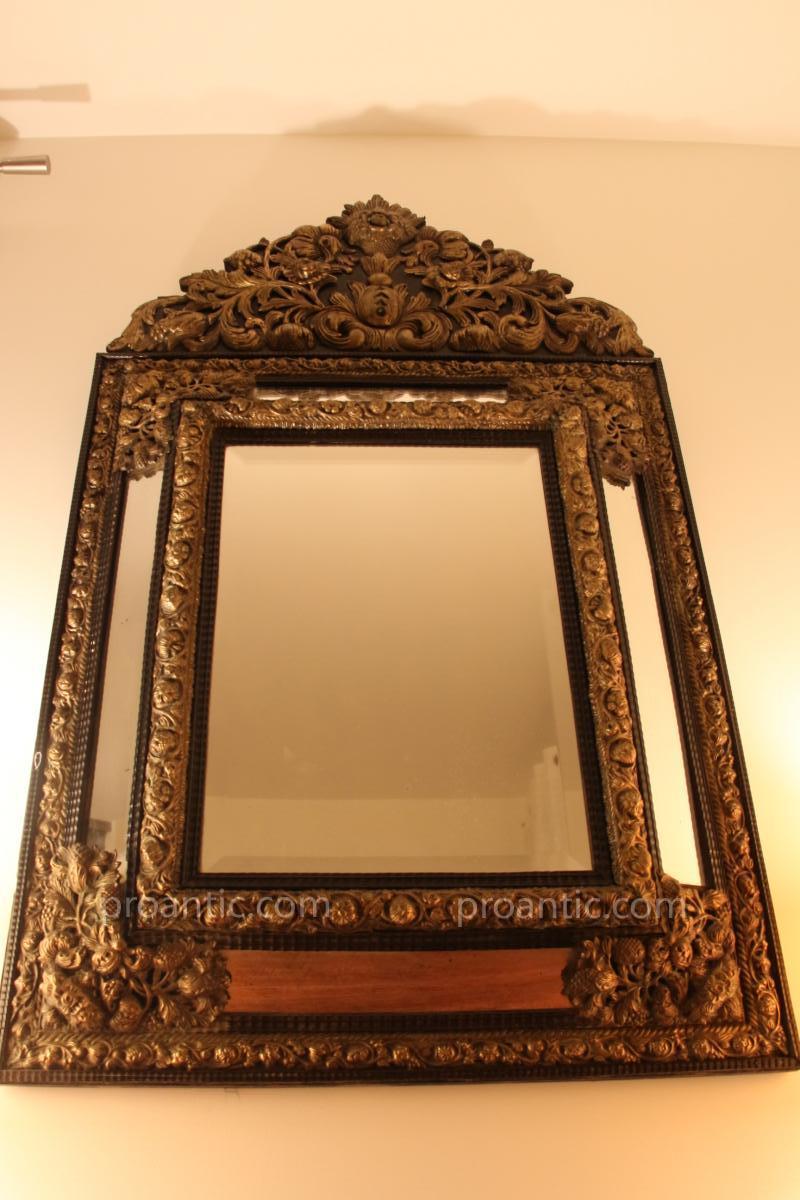 Mirror With Pediment, Brass Faded And Ebony, Early 19th Century-photo-2