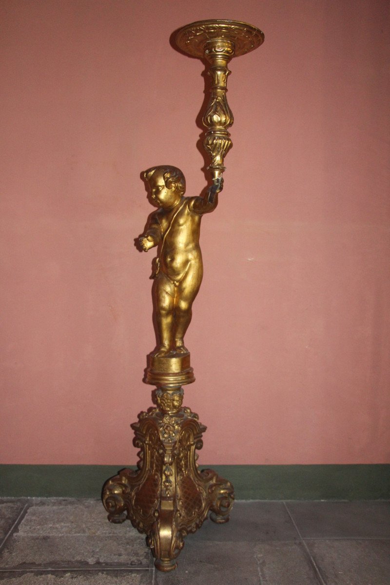 Torchiere Holder In Gilded Wood, Regency Period, 18th Century-photo-2