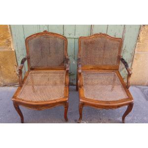 Pair Of Caned Armchairs, Louis XV Period, Stamped Antoine Bonnemain, 18th Century.