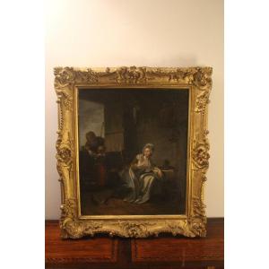 "L 'aumône", huile sur toile, école française du XVIIIe siècle.
