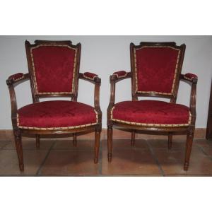 Pair Of Armchairs With Gendarme Hats, Louis XVI Period, 18th Century.