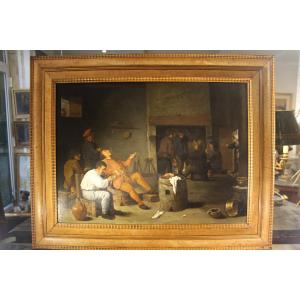 La taverne, huile sur panneau, école flamande, XVIIe siècle.