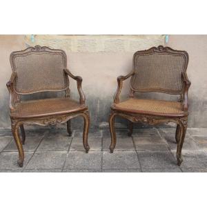 Pair Of Cane-seated Armchairs, Louis XV Period, Stamped “etienne Meunier,” 18th Century.