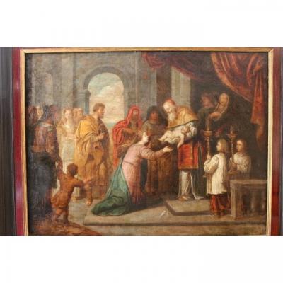 "La présentation au temple", huile sur panneau de cuivre, école italienne, XVII e siècle