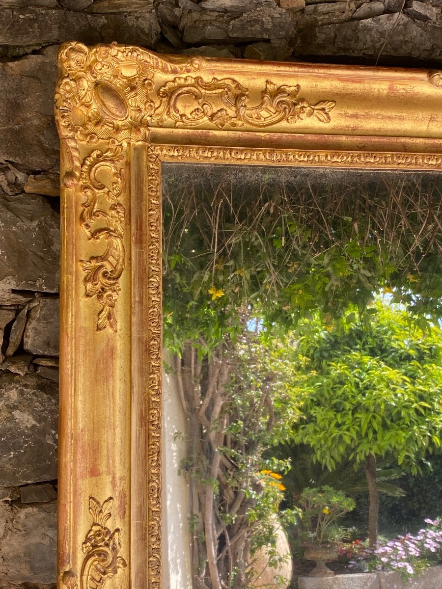 Restoration Period Fireplace Mirror In Wood And Golden Stucco-photo-2