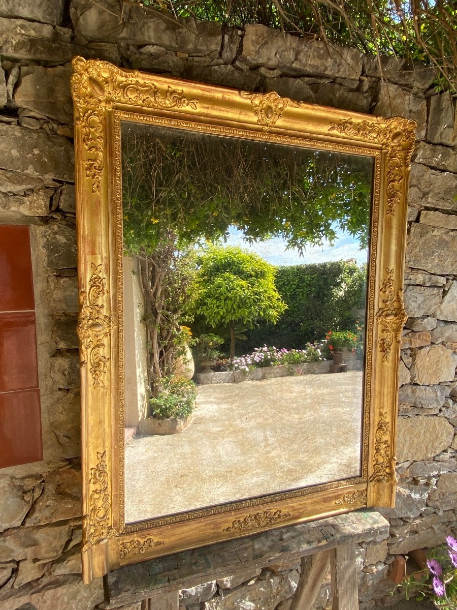 Restoration Period Fireplace Mirror In Wood And Golden Stucco-photo-3
