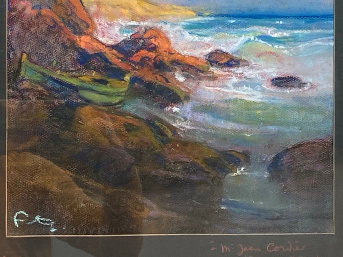 Pastel Bord De Mer Signé Louis Fortuney 1875 1950-photo-2
