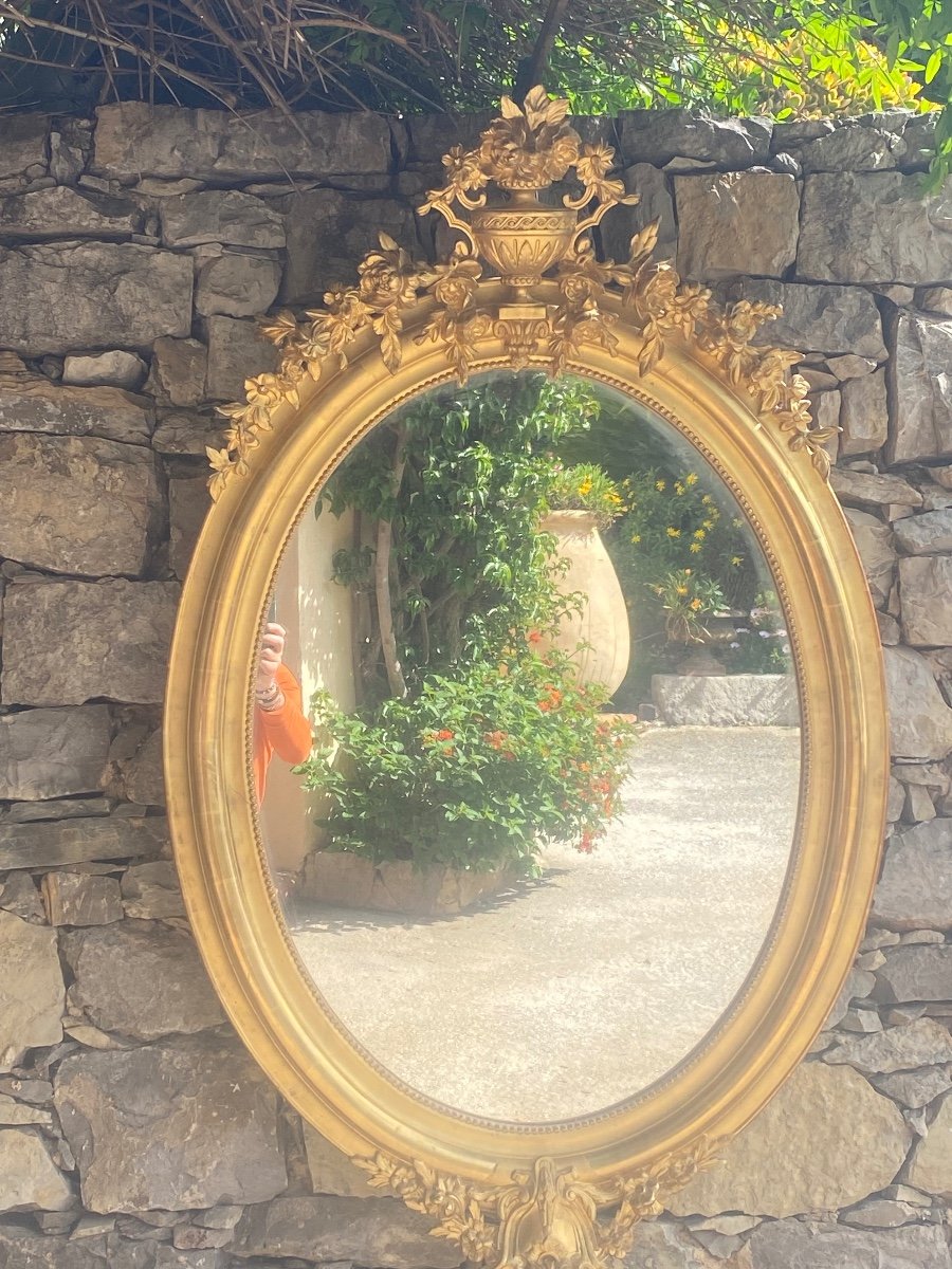 19th Century Oval Mirror Gilded With Gold Leaf -photo-3