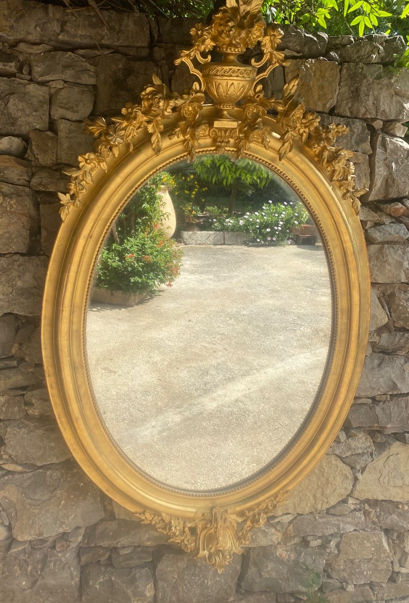Miroir Ovale 19eme Doré à La Feuille D’or -photo-4