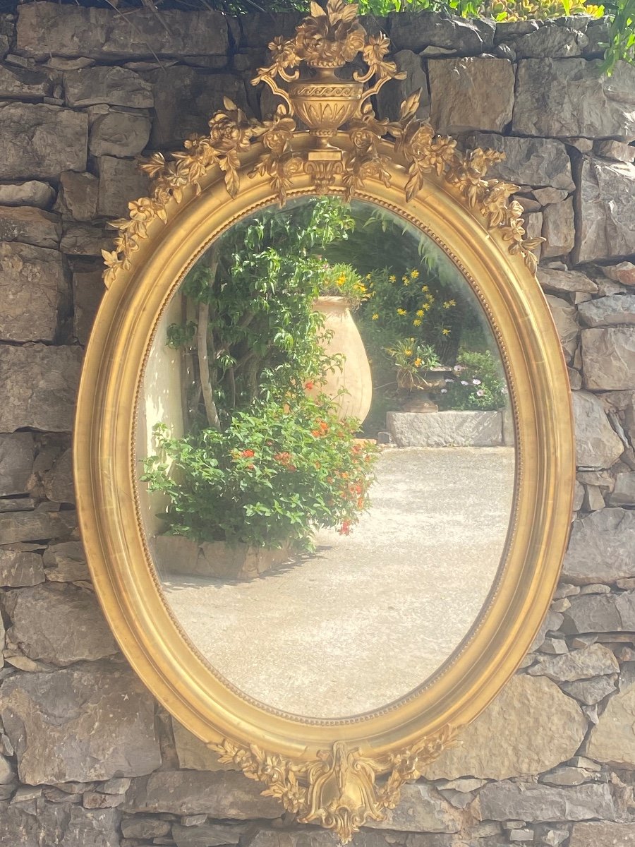Miroir Ovale 19eme Doré à La Feuille D’or 