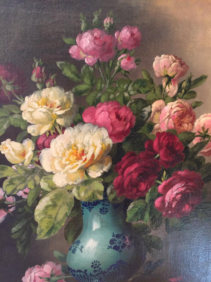 Flower Bouquet Oil On Canvas 19th Sign Boucher-photo-4