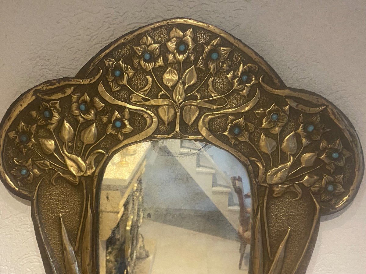 Art Nouveau Mirror In Repoussé Brass -photo-2