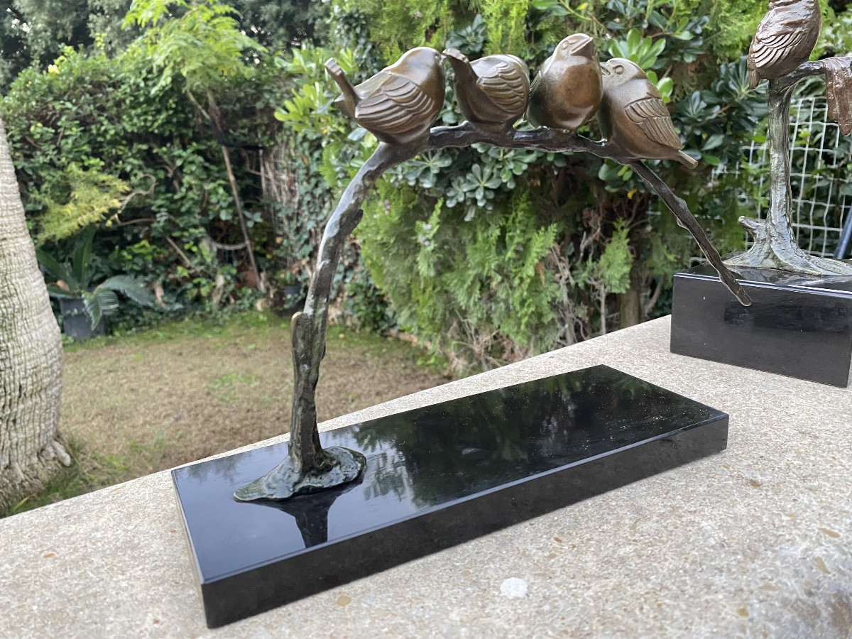 Sculpture Art deco moineaux sur la branche d’après Irenne Rochard-photo-3