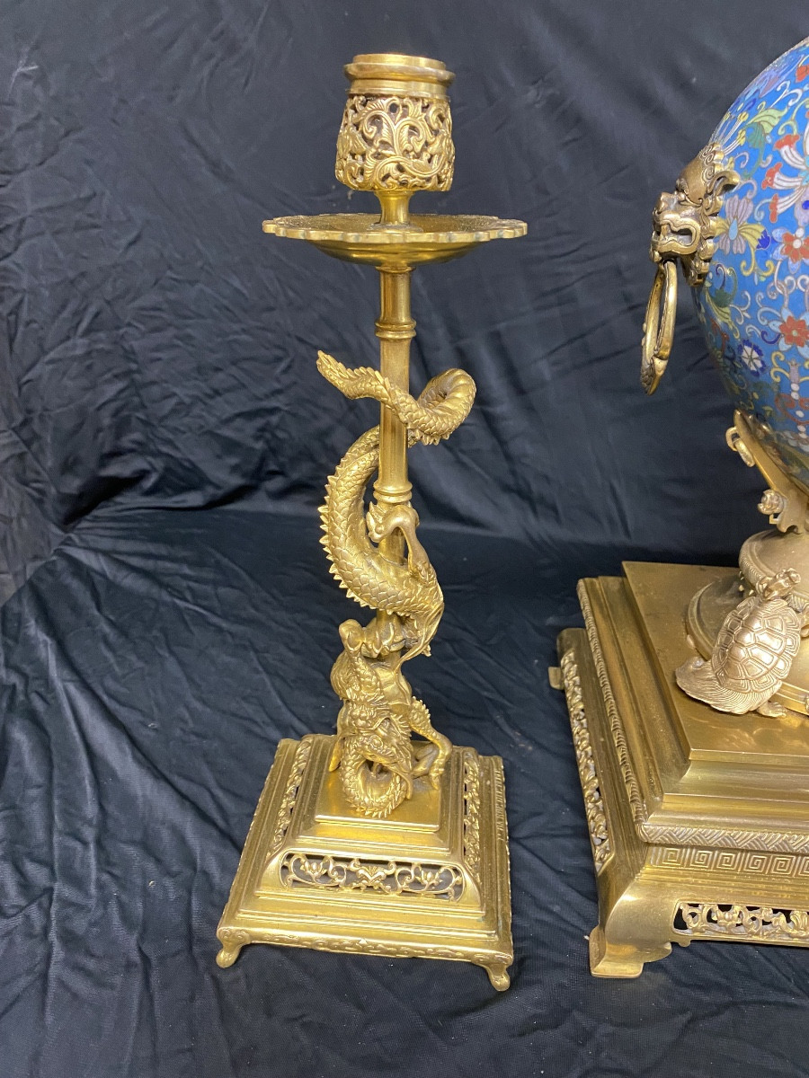 Gilt Bronze And Japanese-style Cloisonné Enamel Mantelpiece Set Signed Ferdinand Barbedienne -photo-1