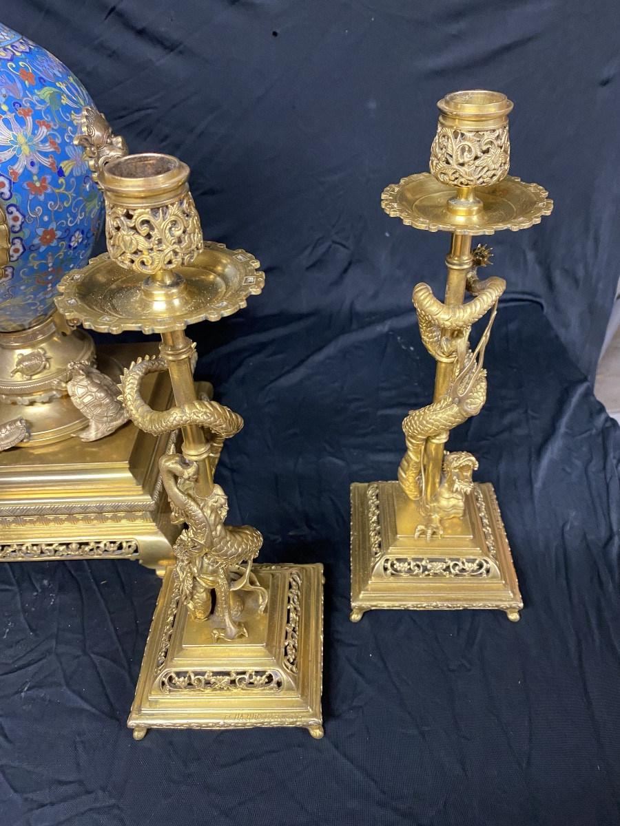 Gilt Bronze And Japanese-style Cloisonné Enamel Mantelpiece Set Signed Ferdinand Barbedienne -photo-4