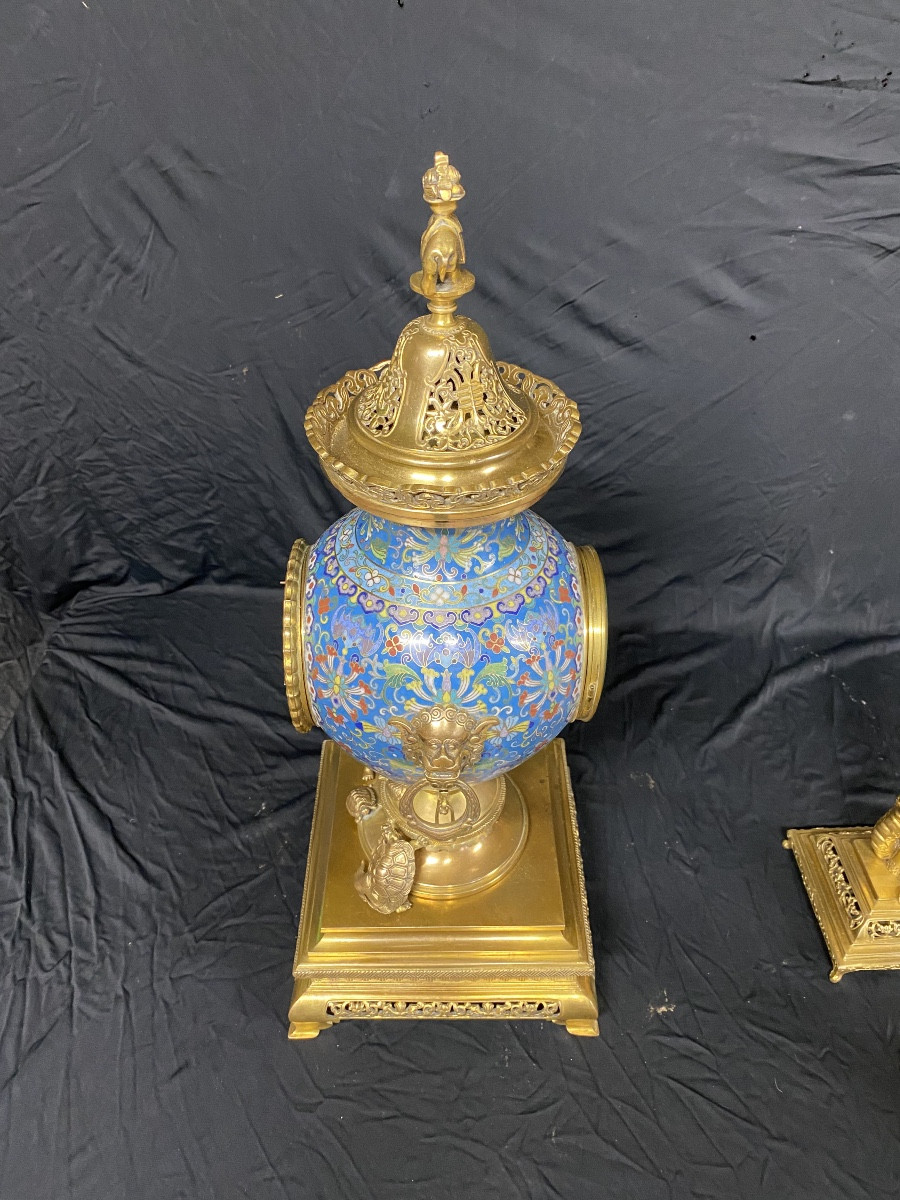 Gilt Bronze And Japanese-style Cloisonné Enamel Mantelpiece Set Signed Ferdinand Barbedienne -photo-5
