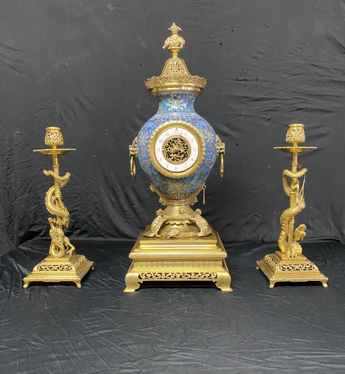 Gilt Bronze And Japanese-style Cloisonné Enamel Mantelpiece Set Signed Ferdinand Barbedienne 