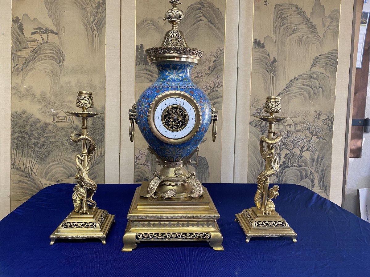 Gilt Bronze And Japanese-style Cloisonné Enamel Mantelpiece Set Signed Ferdinand Barbedienne 