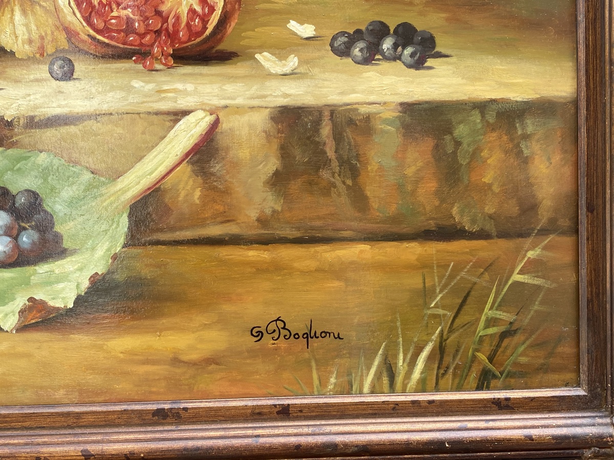 Grand tableau nature morte aux roses et grappes de raisins -photo-3