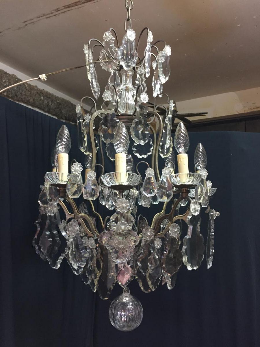 Lustre Cage En Bronze Et Cristaux 