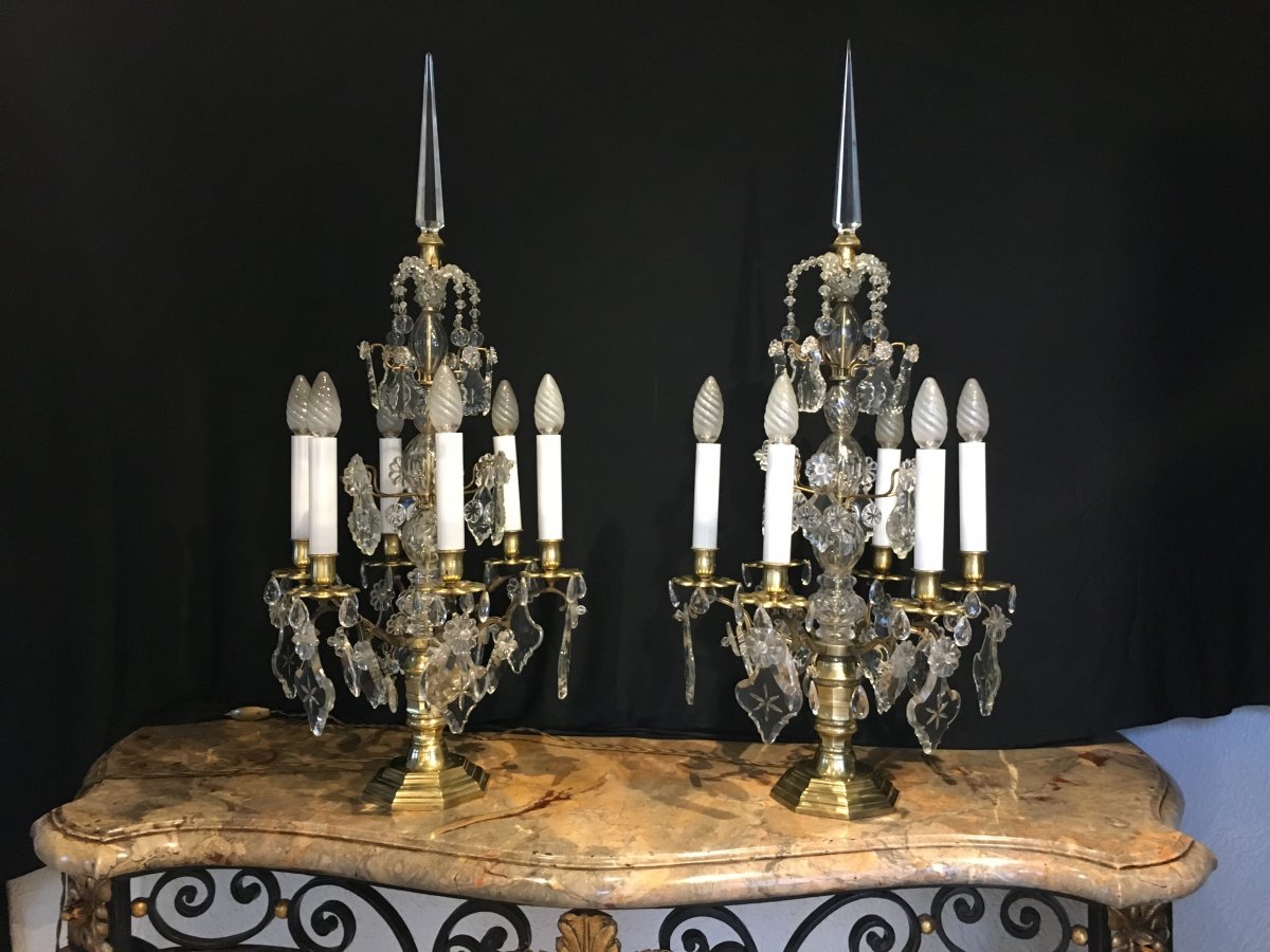 Pair Of Large Bronze Girandoles And Crystals 19th