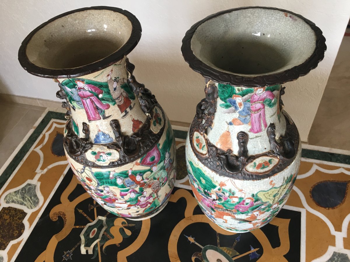 Grande Paire De Vases En Porcelaine De Nankin 19eme -photo-1