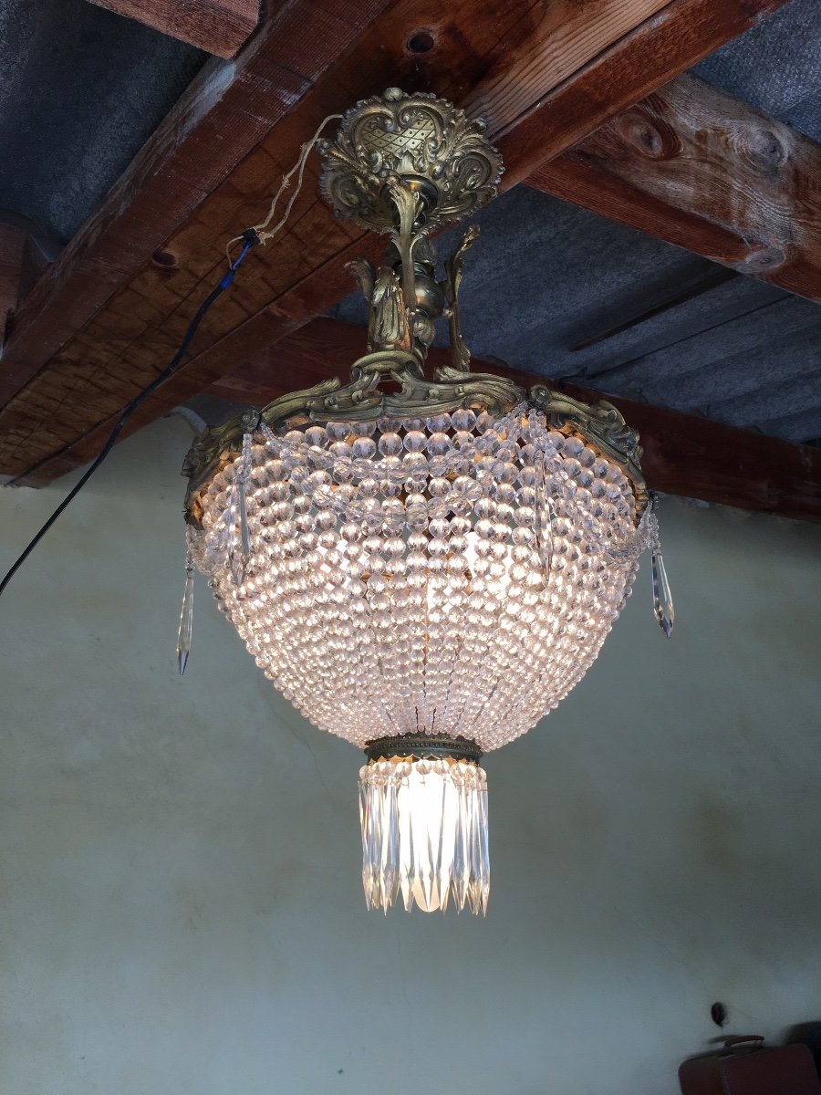 Lustre Corbeille En Bronze Et Pampilles 19 Eme -photo-3