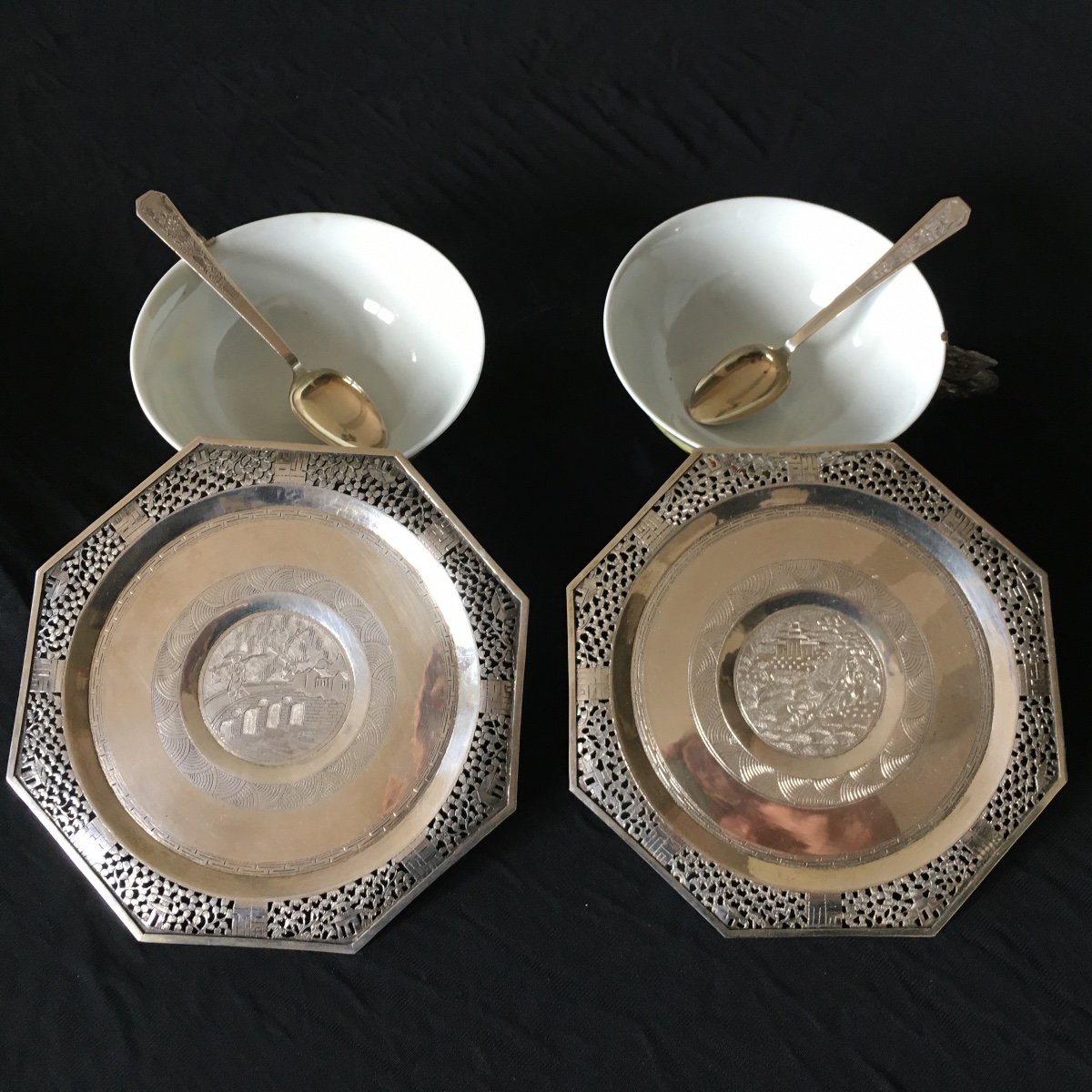 Pair Of Chinese Cups And Their Silver Saucers Early 20th-photo-8