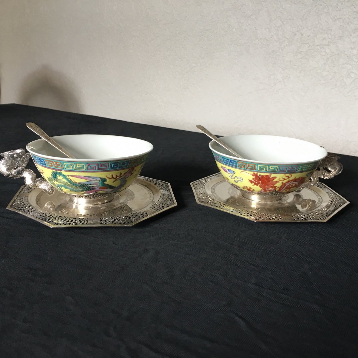 Pair Of Chinese Cups And Their Silver Saucers Early 20th