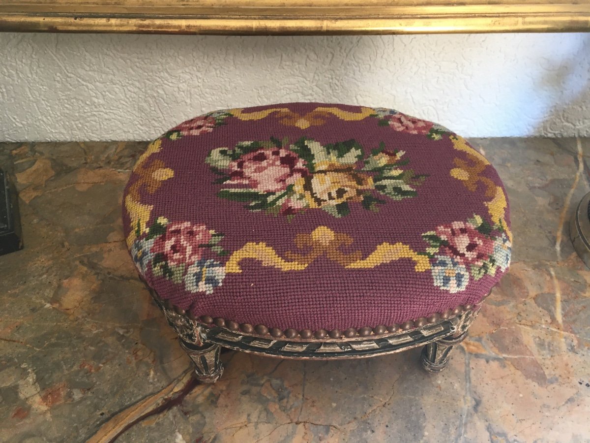 Louis XVI Style Footrest Au Petit Point Tapestry-photo-3