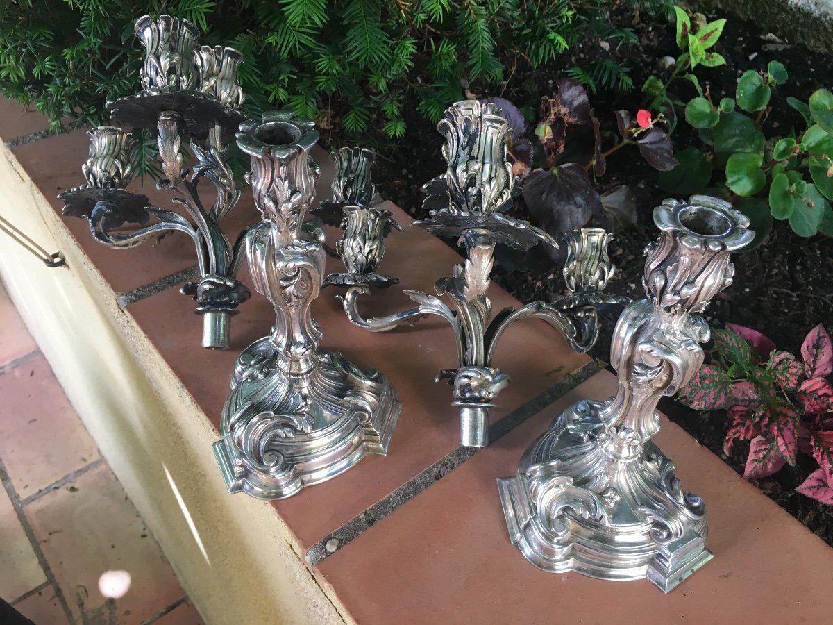 Paire De Chandeliers En Bronze Argentés De Style Rocaille -photo-2