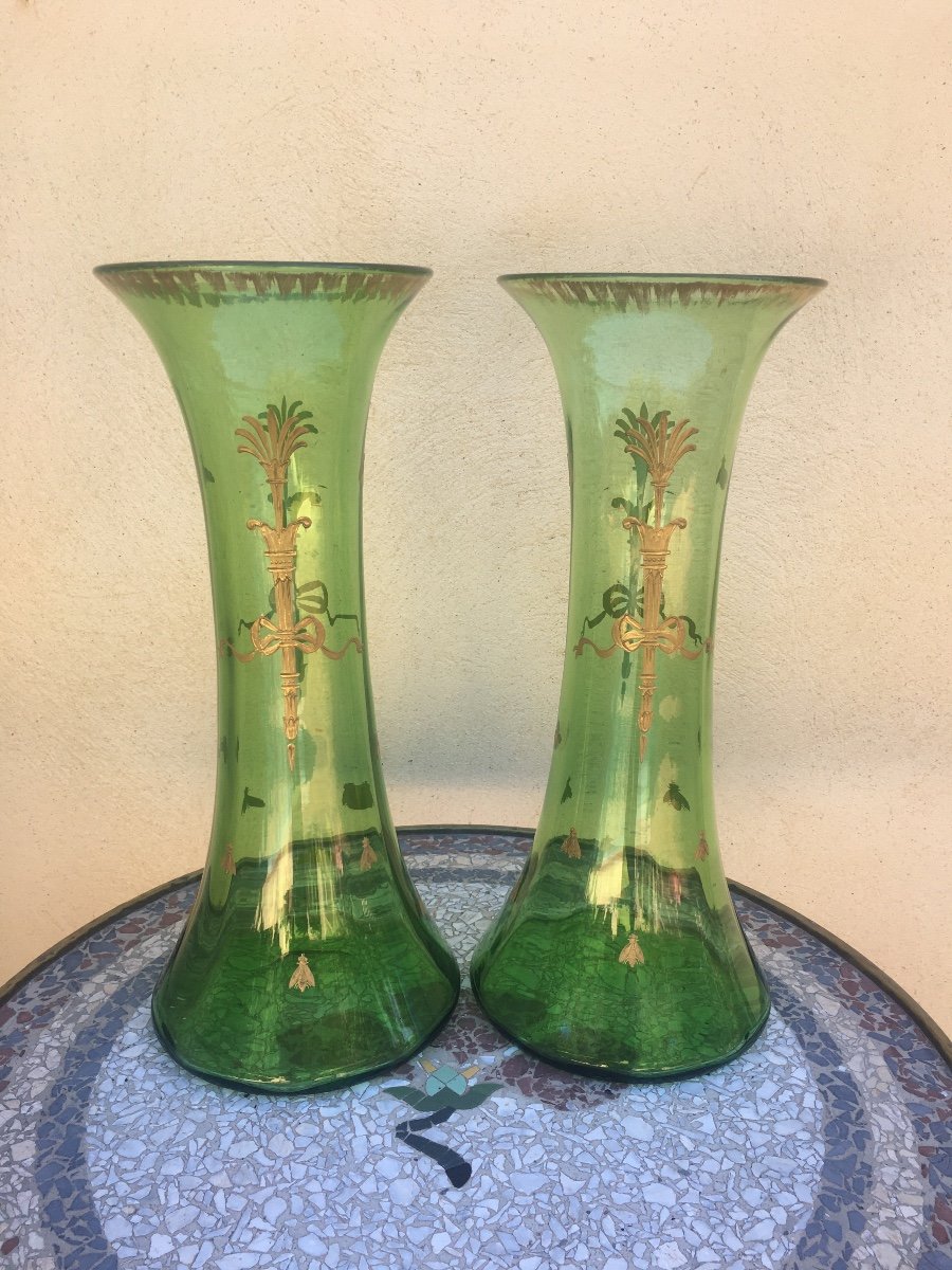 Pair Of Empire Style Enamelled Glass Vase