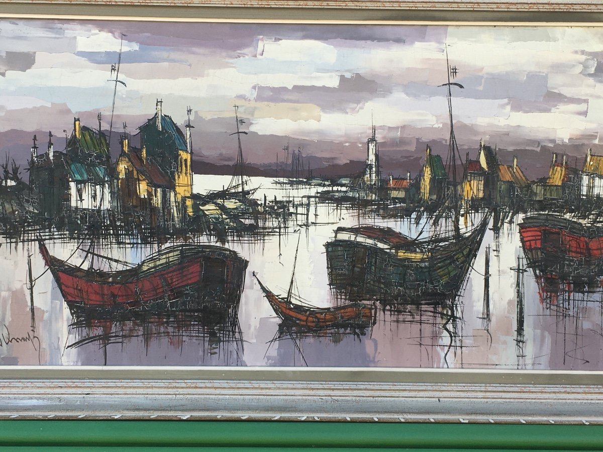 Boats At The Port Oil On Canvas Around 1950-photo-4