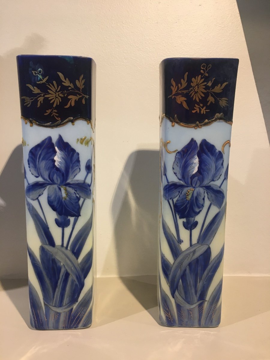 Pair Of Iris Vases In Opaline
