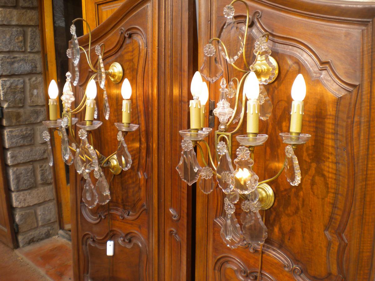 Large Bronze Sconces Pair And Criistal-photo-4