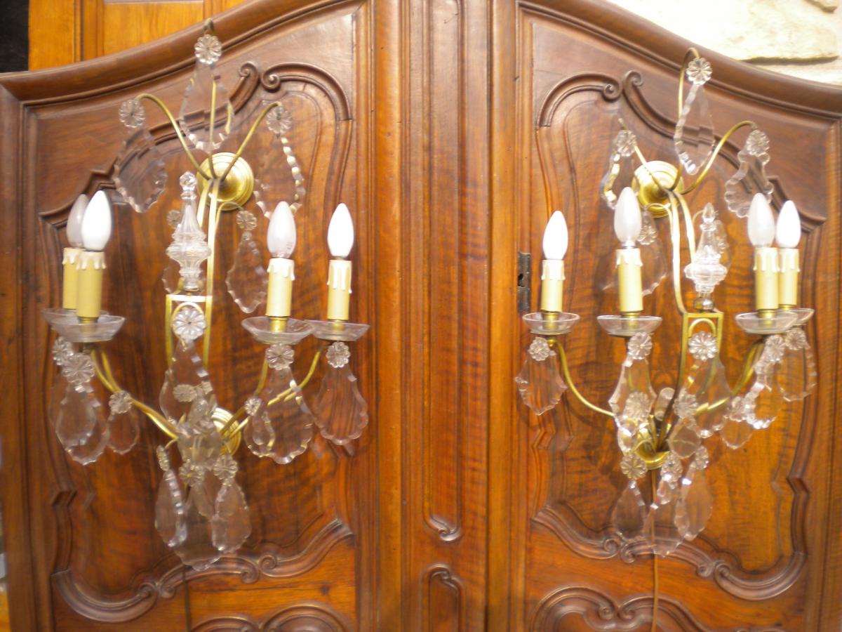 Large Bronze Sconces Pair And Criistal-photo-3