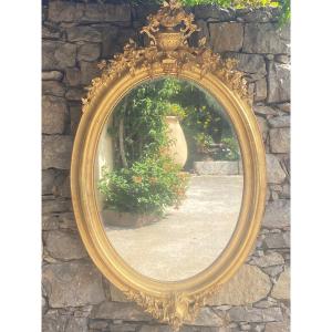 19th Century Oval Mirror Gilded With Gold Leaf 
