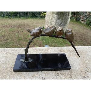Art Deco Sculpture Of Sparrows On A Branch, After Irenne Rochard
