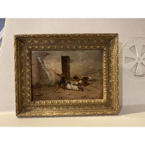 Tableau huile sur panneau scène militaire signé  Jules Monge 