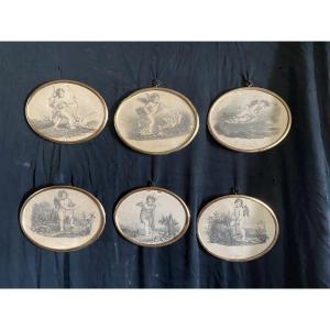 A Series Of Six Engravings In An Oval Medallion Depicting Cupid 