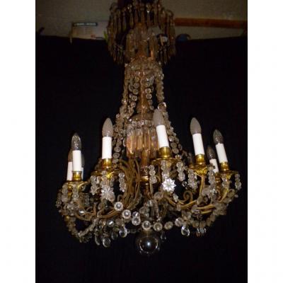 Grand Lustre A Pampilles Cristal Et Bronze Dore 19me