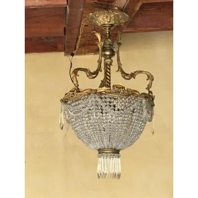 Lustre Corbeille En Bronze Et Pampilles 19 Eme 